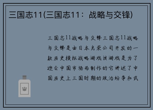 三国志11(三国志11:战略与交锋)